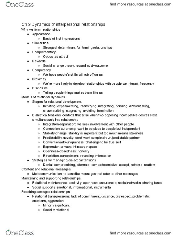 COMM 218 Chapter Notes - Chapter Ch 9: Relational Transgression, Staling, Social Change thumbnail